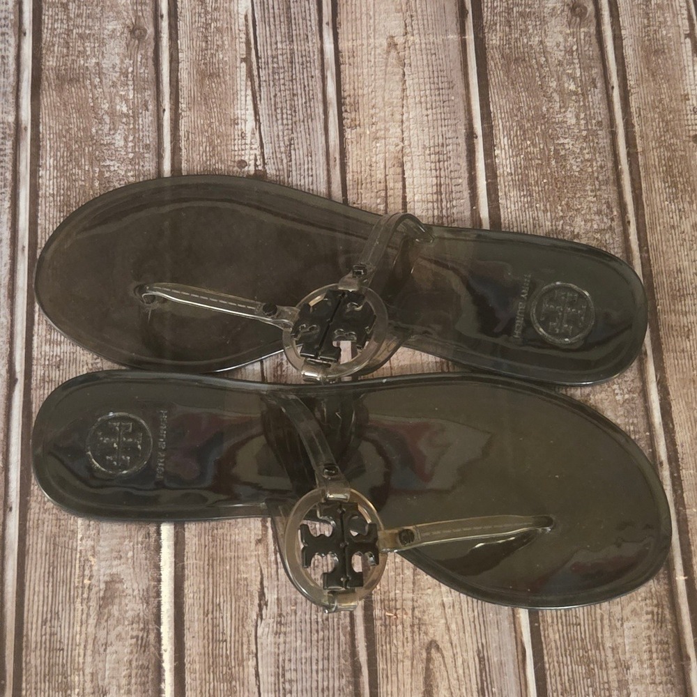 Sz 9 Tory Burch Mini Miller Jelly Sandals Black Translucent Thong Logo VGUC! - Picture 5 of 6